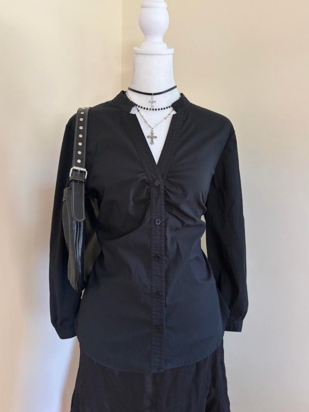 Vintage Y2K goth black ruched button up blouse 90s grunge minimalist cinched M
